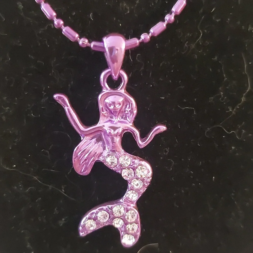 Purple Mermaid Rhinestone Pendant Kids Necklace